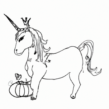 a unicorn with a crown  and a pumpkin on the side